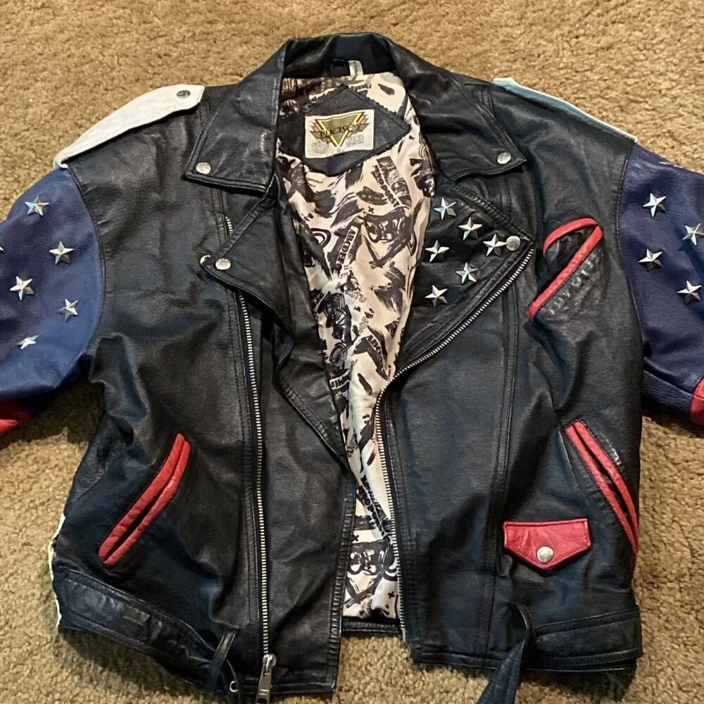 Vintage Phase 2 Leather Jacket Mens Size S American Flag Biker USA Studded Stars - Picture 3 of 16